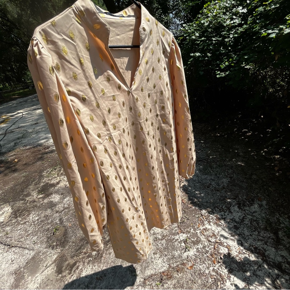 Elegant Polka Dot Notched V Neck Long Sleeve Tunic Dress Blouse modest layer - Picture 3 of 15
